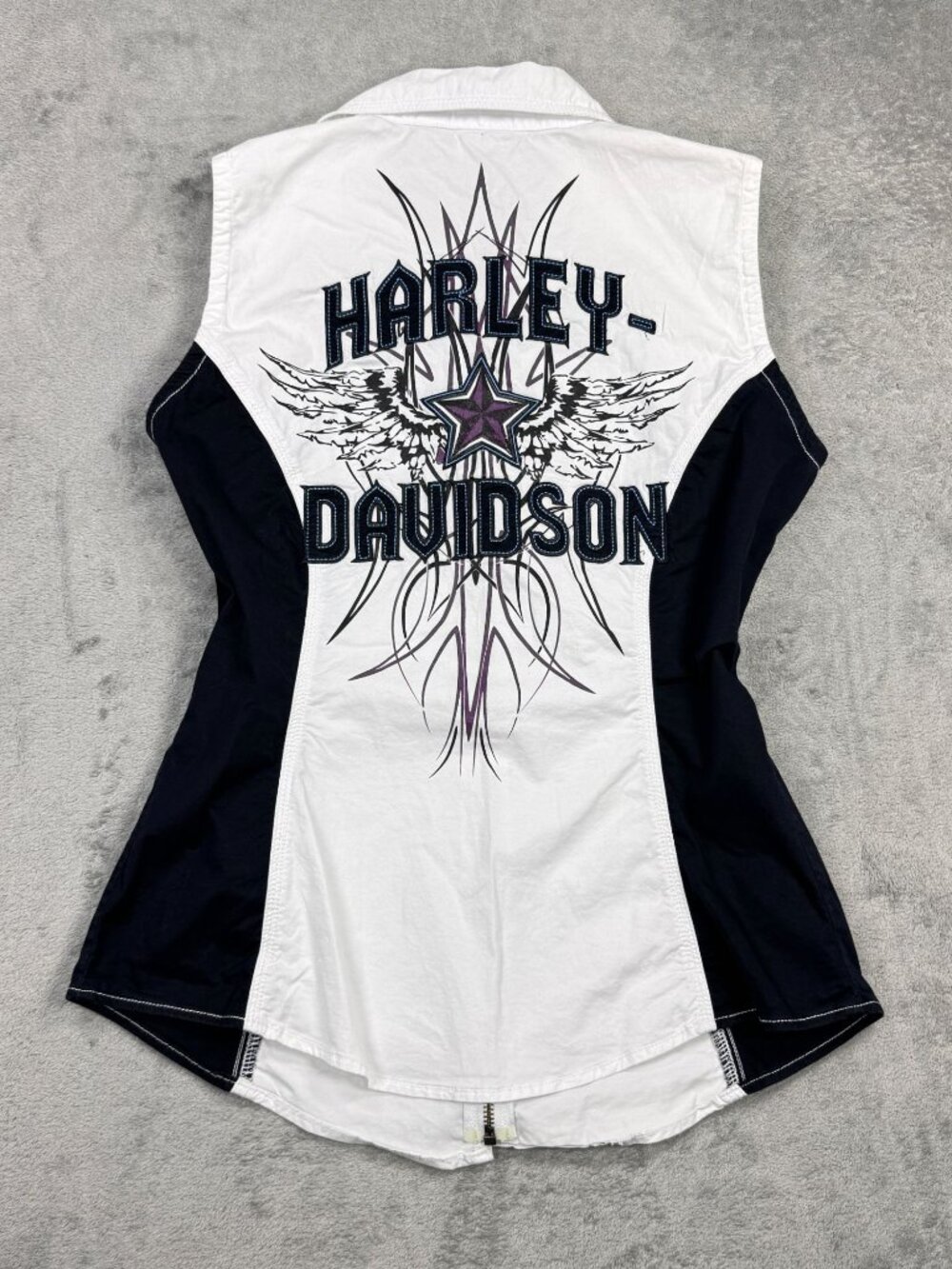 Y2K Harley Davidson White Black Sleeveless Zip Shirt Wing Star 2000s Moto Biker